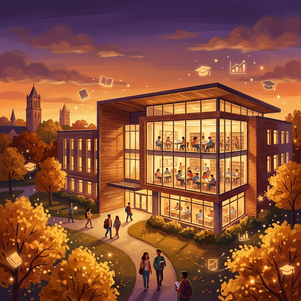 University campus at sunset